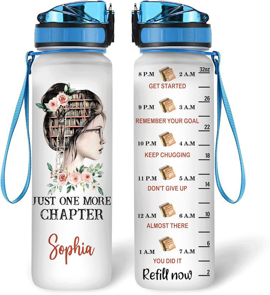 Just One More Chapter Water Bottle Tracker 32oz – Personalized Motivational Hydration Bottle – Thoughtful Gift for Book Lovers