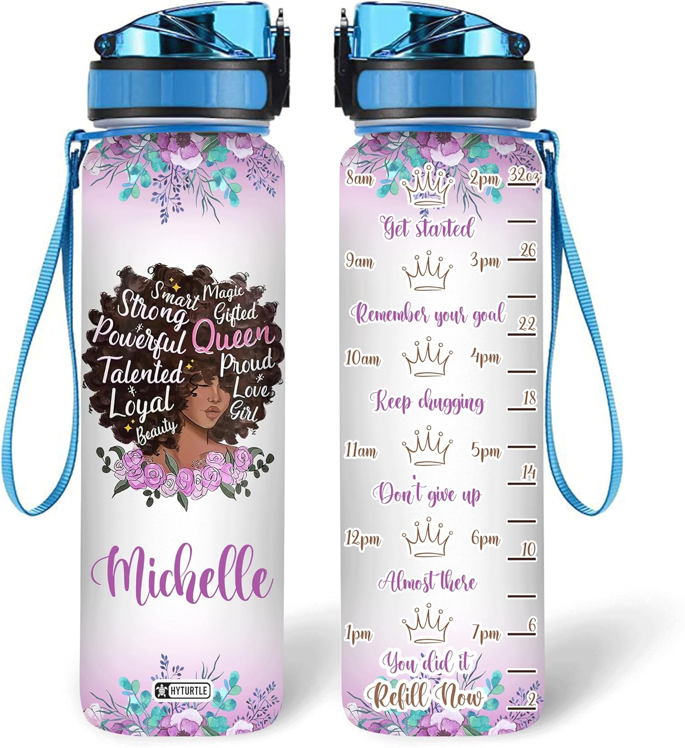 Magic Gifted Queen Water Bottle Tracker 32oz – Personalized African American Motivational Bottle with Time Marker – Unique Gift for Women