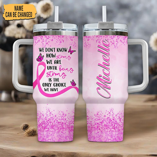 Pink Ribbon Awareness Tumbler 40oz with Handle & Straw – Personalized Stainless Steel Insulated Travel Cup with Lid – Inspirational Gift for Women