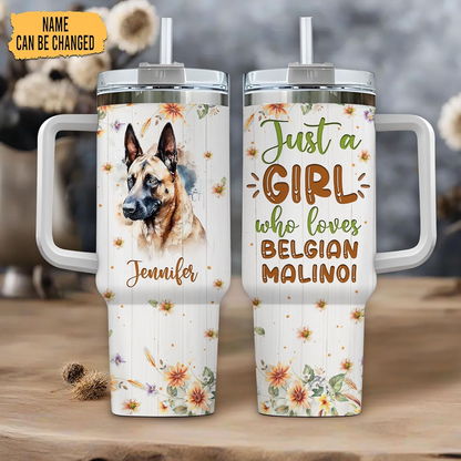 Belgian Malinois Lover Tumbler 40oz with Handle & Straw – Personalized Stainless Steel Insulated Cup with Lid – Gift for Dog Lovers