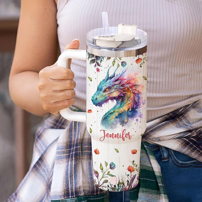 Watercolor Dragon Tumbler 40oz – Personalized Stainless Steel Insulated Cup with Handle & Straw – Unique Gift for Fantasy Lovers