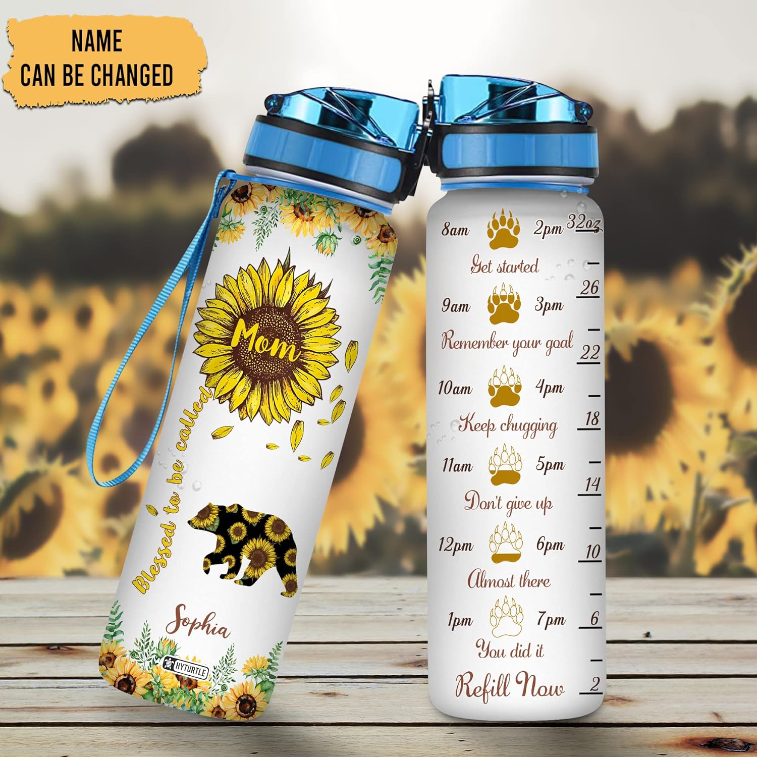 Blessed To Be Called Bear Sunflower - Personalized Water Tracker Bottle 32oz