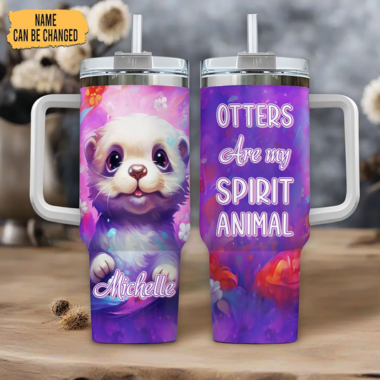 Otter Lover Tumbler 40oz with Handle & Straw – Personalized Stainless Steel Insulated Travel Cup with Lid – Cute Birthday Gift for Animal Lovers