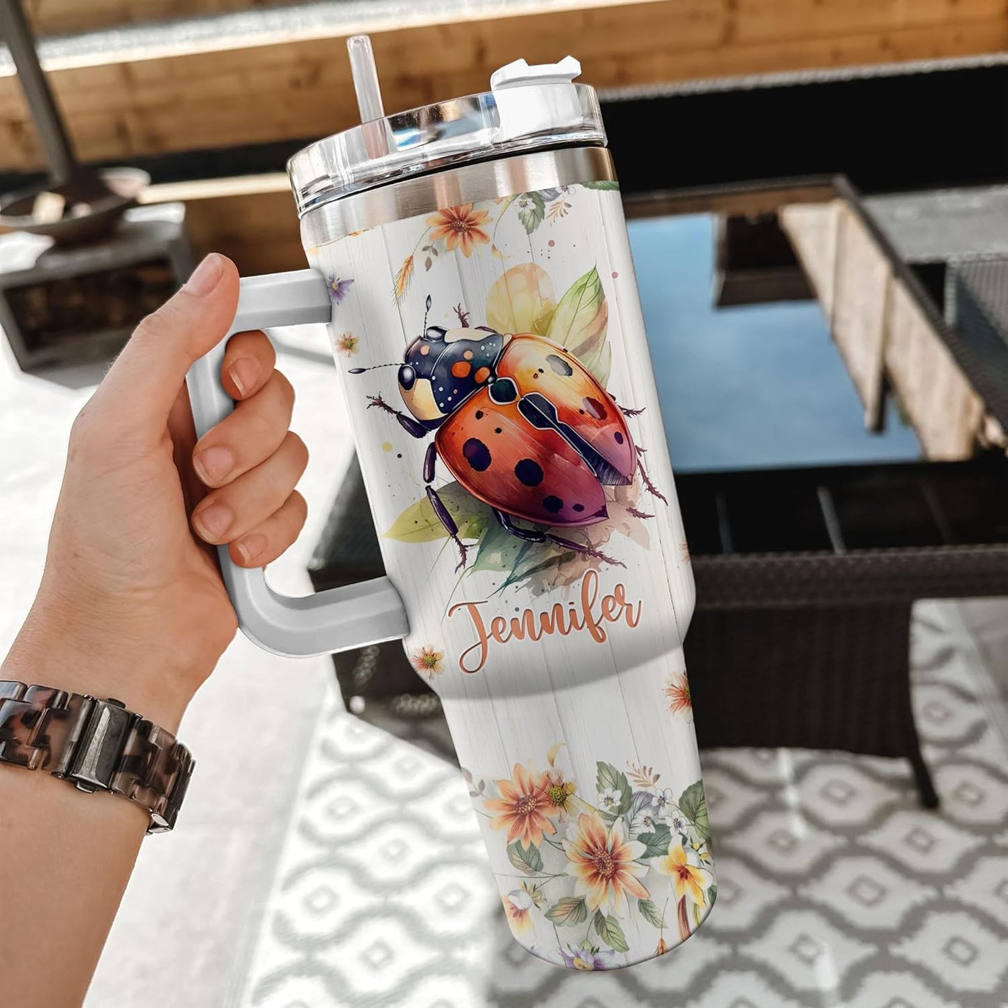 Ladybug Lover Tumbler 40oz with Handle & Straw – Personalized Stainless Steel Travel Mug with Lid – Cute Gift for Insect Lovers