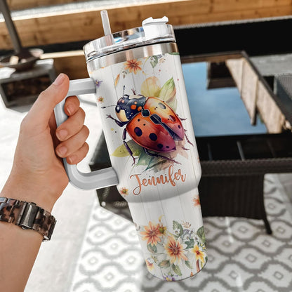 Ladybug Lover Tumbler 40oz with Handle & Straw – Personalized Stainless Steel Travel Mug with Lid – Cute Gift for Insect Lovers