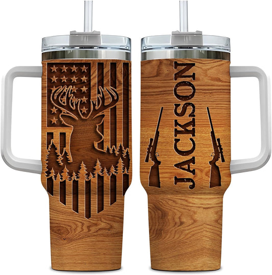 Deer Hunting Tumbler 40oz – Personalized Stainless Steel Insulated Travel Cup with Handle & Straw, Leak-Proof Lid – Rugged Gift for Hunters & Outdoorsmen