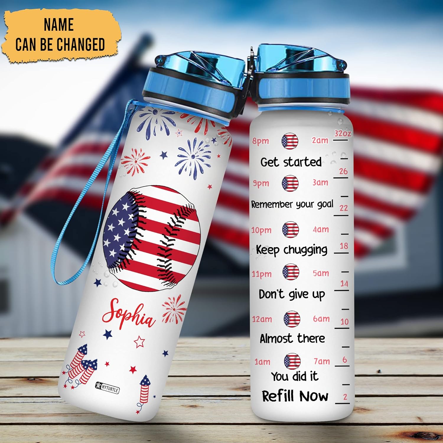 Baseball American Flag - Personalized Water Tracker Bottle 32oz