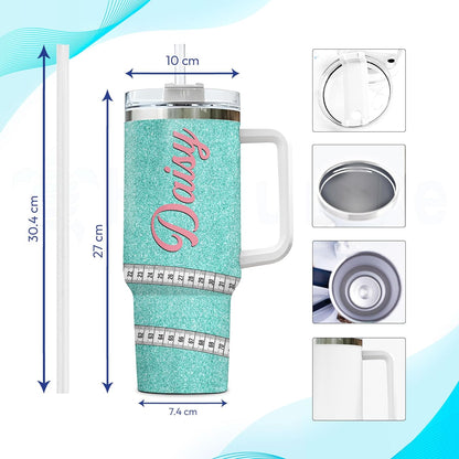 Teal Glitter Sewing Tumbler 40oz with Handle & Straw – Personalized Stainless Steel Insulated Travel Cup with Lid – Stylish Gift for Quilters & Crafters