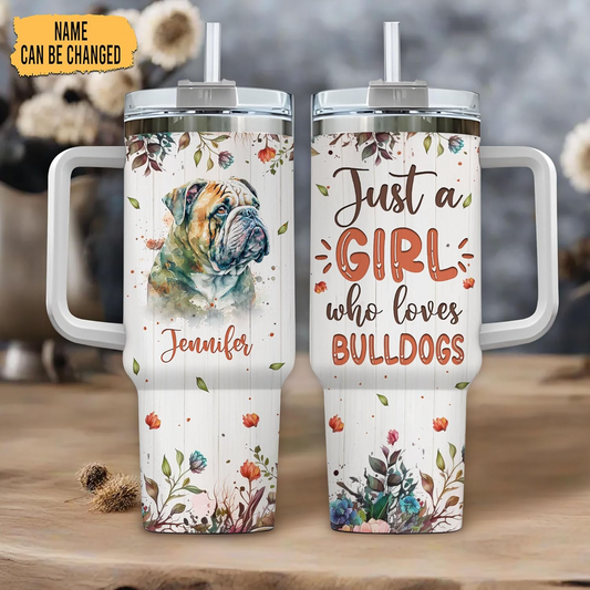 Bulldog Lover Tumbler 40oz with Handle & Straw – Personalized Stainless Steel Insulated Cup with Lid – Gift for Dog Moms
