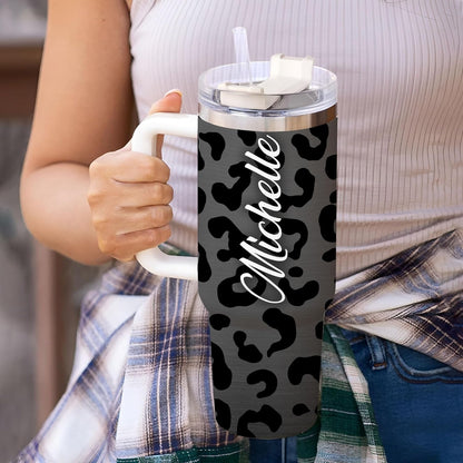 Black Leopard Print Tumbler 40oz with Handle & Straw – Personalized Stainless Steel Insulated Cup with Lid – Stylish Gift for Women