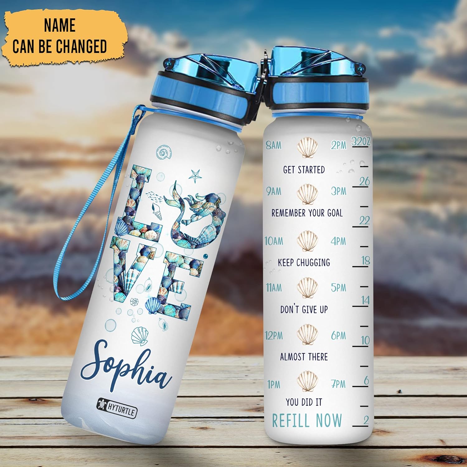 Love Mermaid Water Bottle Tracker 32oz – Personalized Hydration Bottle with Time Marker – Gift for Ocean & Mermaid Lovers