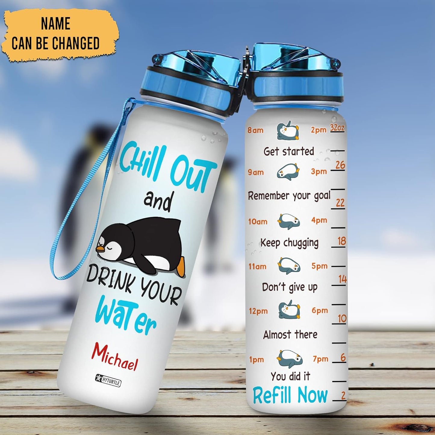 Chill Out Penguin Water Bottle Tracker 32oz – Personalized Funny Gift for Kids, Friends & Penguin Lovers