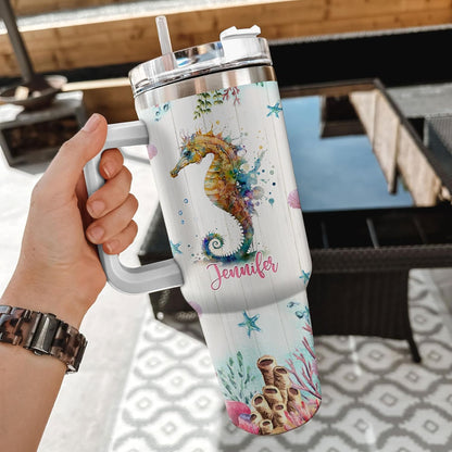 Colorful Seahorse 40oz Tumbler with Handle & Straw – Personalized Stainless Steel Insulated Travel Cup with Lid – Unique Marine Gift for Women