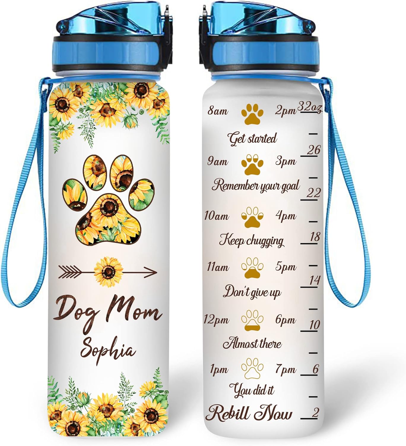 Dog Mom Sunflower - Personalized Water Tracker Bottle 32oz