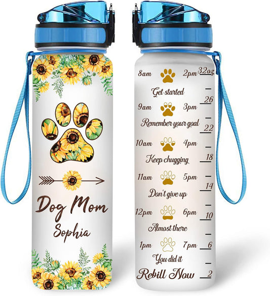 Dog Mom Sunflower - Personalized Water Tracker Bottle 32oz