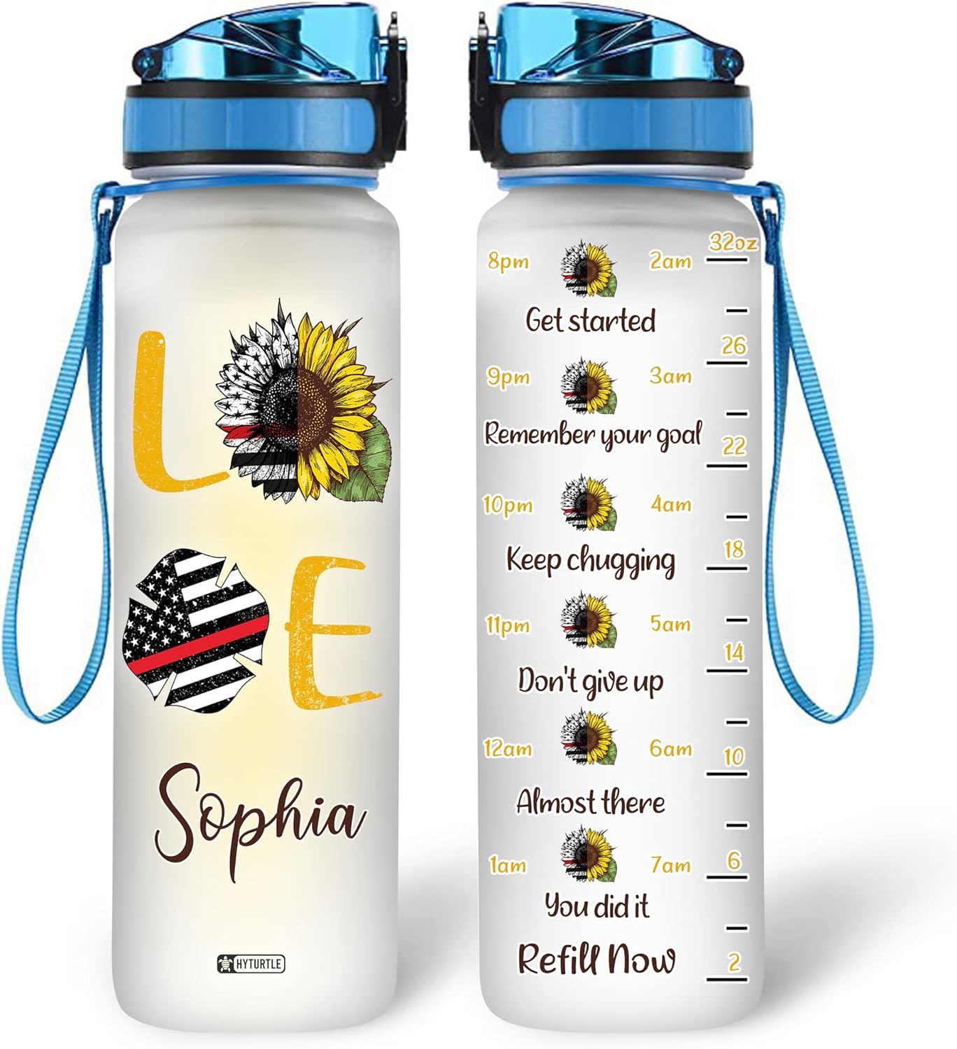 Love Sunflower USA Flag - Personalized Water Tracker Bottle 32oz