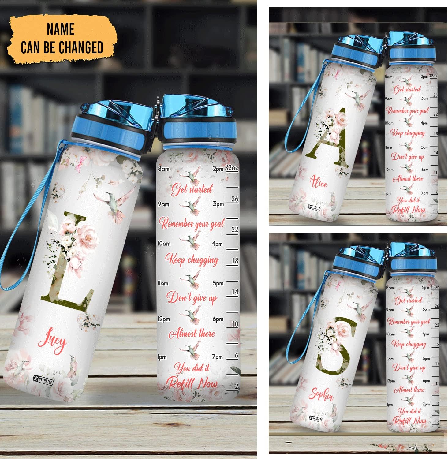 Hummingbird Floral Pattern - Personalized Water Tracker Bottle 32oz