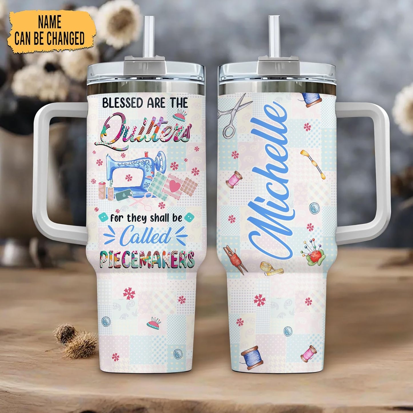 Quilting Patchwork Tumbler 40oz with Handle & Straw – Personalized Stainless Steel Insulated Travel Cup with Lid – Unique Gift for Quilters