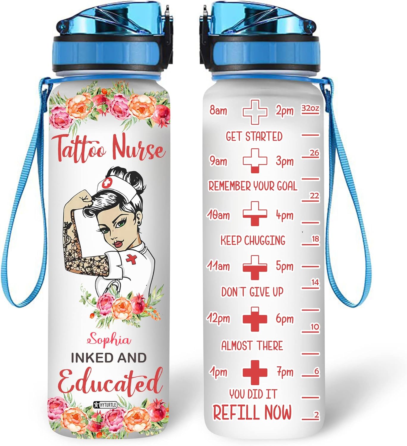 Tattoo Nurse Educated - Personalized Water Tracker Bottle 32oz