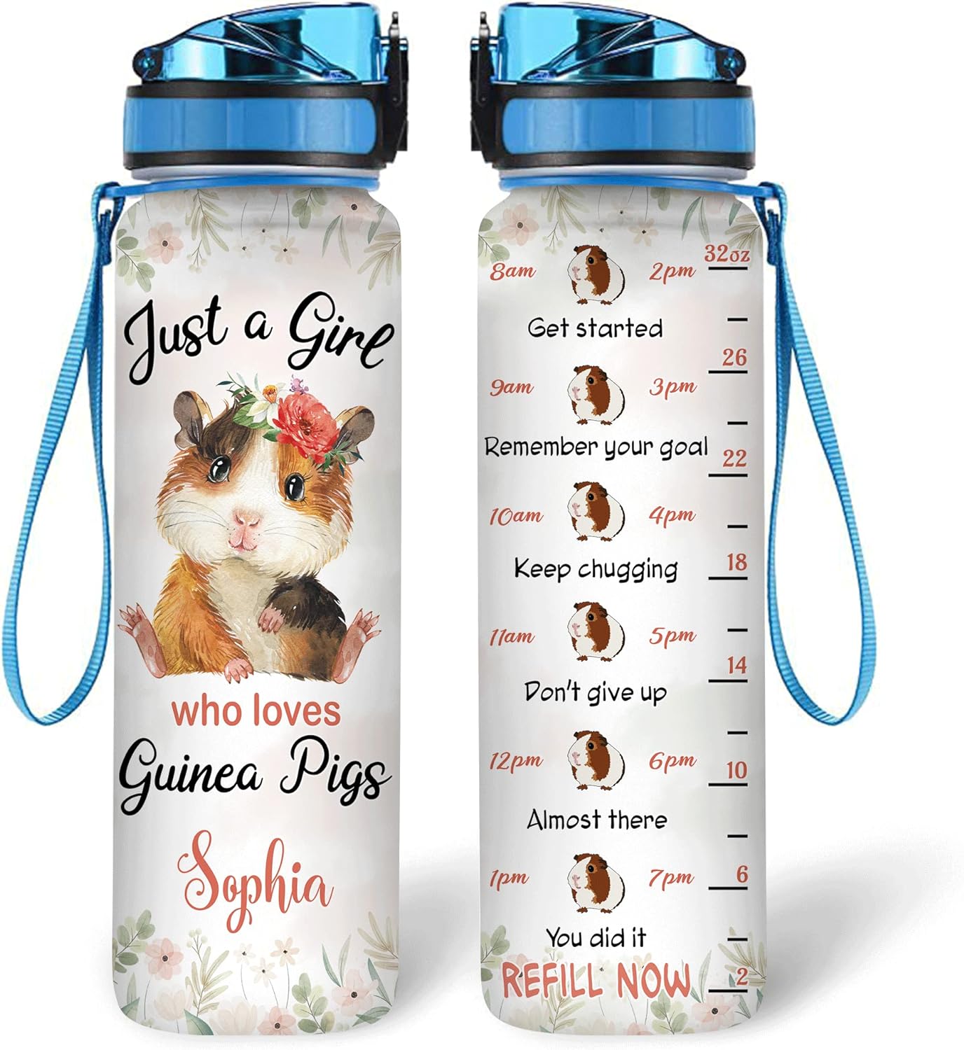 Guinea Pig Lovers Water Bottle Tracker 32oz – Personalized BPA-Free Motivational Bottle with Time Marker – Cute Gift for Guinea Pig Fans