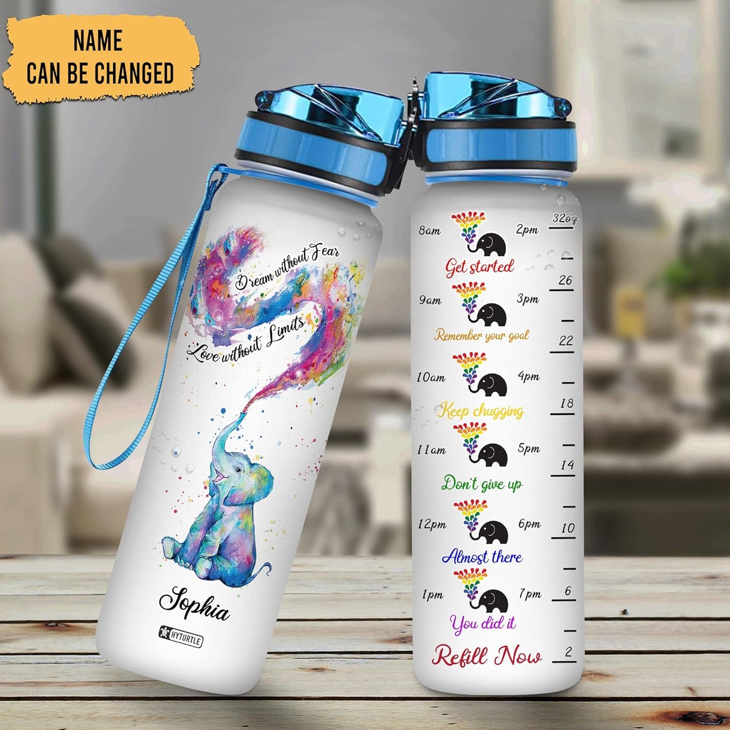 Elephant Rainbow Theme Water Bottle Tracker 32oz – Personalized BPA-Free Bottle with Time Marker – Inspirational Gift for Elephant & LGBT Lovers