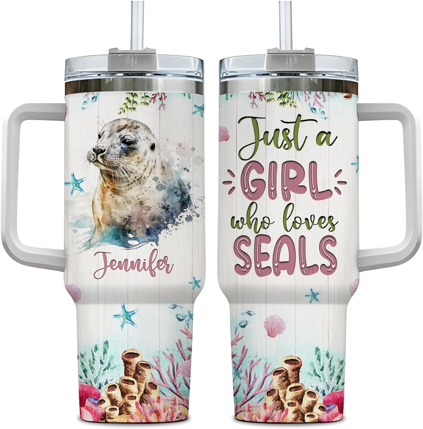 Seal Ocean Lover Tumbler 40oz – Personalized Stainless Steel Insulated Cup with Handle & Straw, Watercolor Marine Animal Design – Heartfelt Gift for Women & Girls