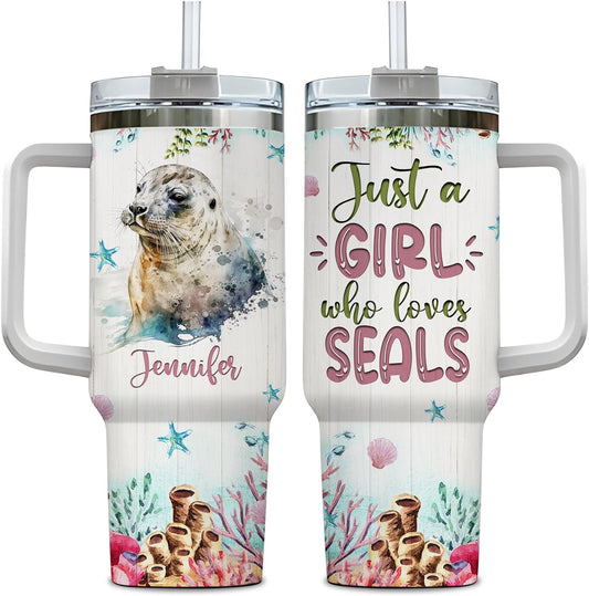 Seal Ocean Lover Tumbler 40oz – Personalized Stainless Steel Insulated Cup with Handle & Straw, Watercolor Marine Animal Design – Heartfelt Gift for Women & Girls