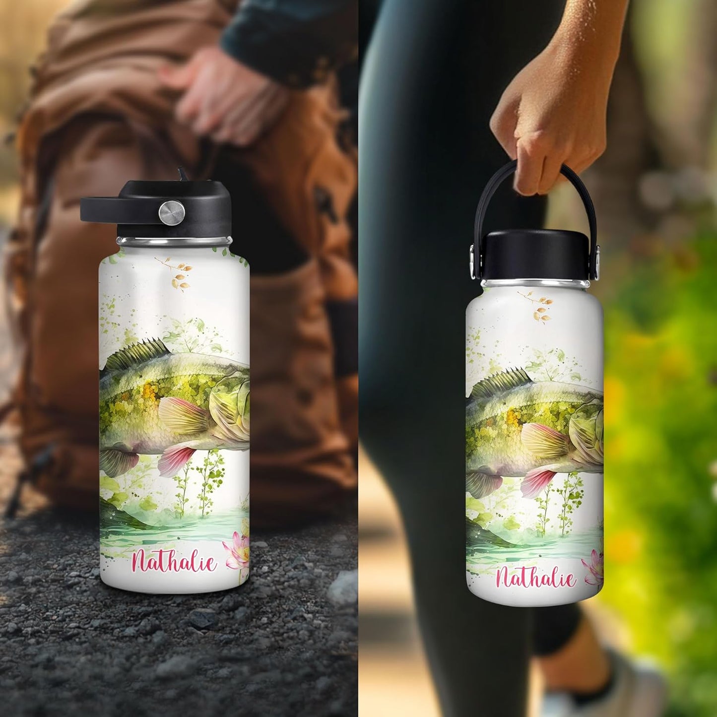 Bass Fishing Water Bottle 32oz – Personalized Stainless Steel Insulated Bottle with Leak-Proof Lid – Perfect Gift for Fishing Lovers