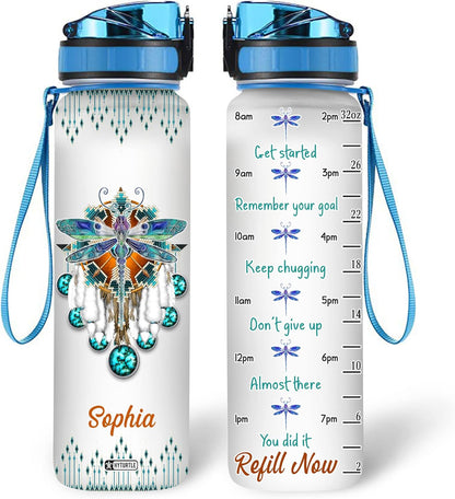 Dreamcatcher Native Dragonfly - Personalized Water Tracker Bottle 32oz