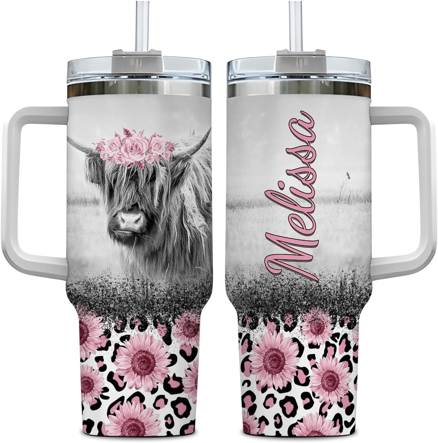 Highland Cow Floral Tumbler 40oz with Handle & Straw – Personalized Stainless Steel Travel Cup with Lid – Cute Farm Animal Gift for Women
