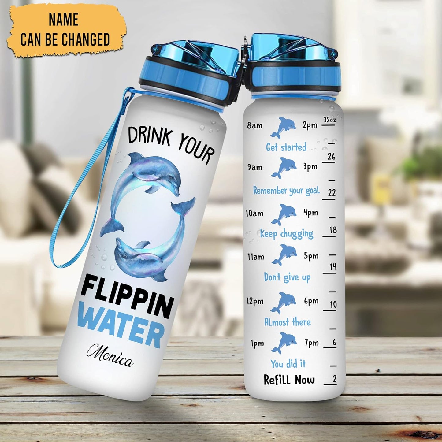 Dolphin Flippin Water Bottle Tracker 32oz – Personalized Motivational Hydration Bottle with Time Marker – Fun Gift for Dolphin Lovers