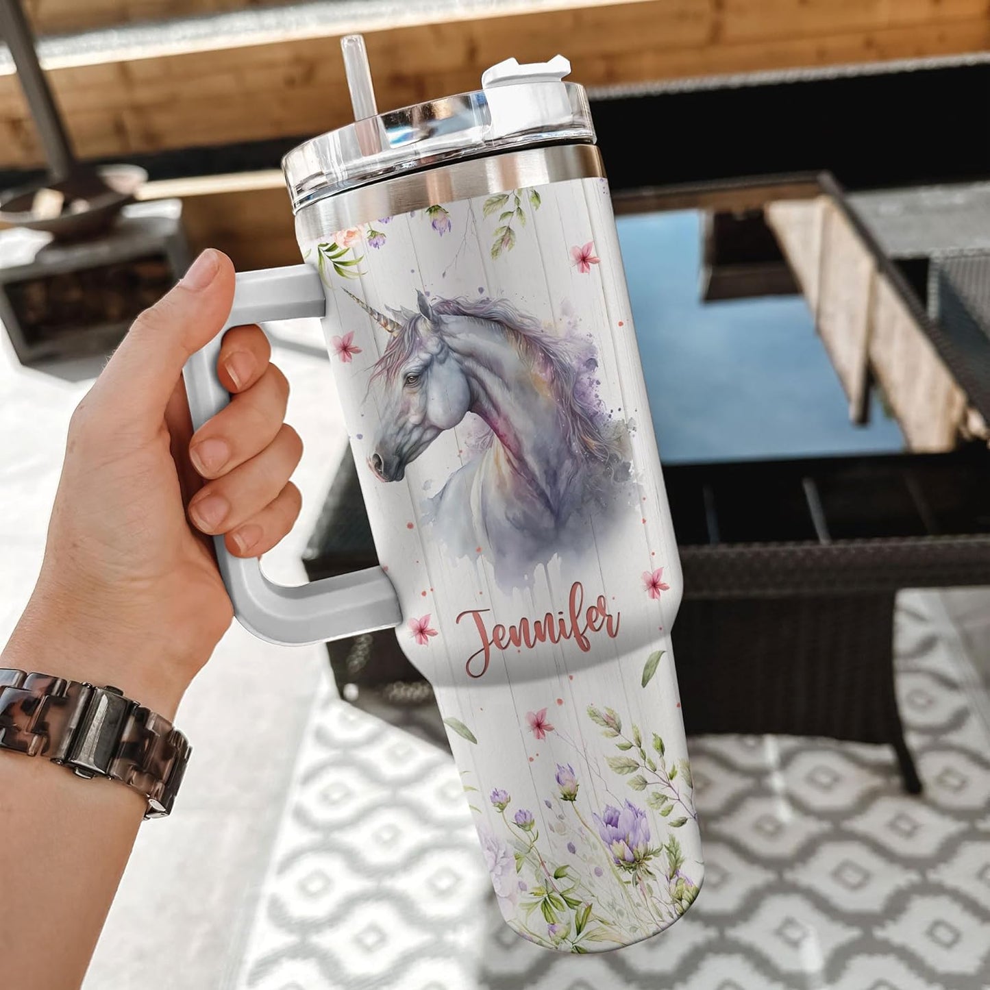 Magical Unicorn Tumbler 40oz with Handle & Straw – Personalized Stainless Steel Insulated Cup with Lid – Whimsical Gift for Fantasy Lovers