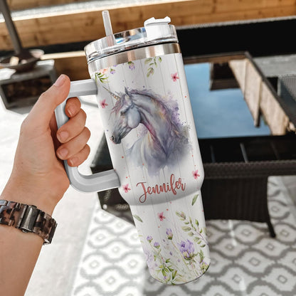 Magical Unicorn Tumbler 40oz with Handle & Straw – Personalized Stainless Steel Insulated Cup with Lid – Whimsical Gift for Fantasy Lovers
