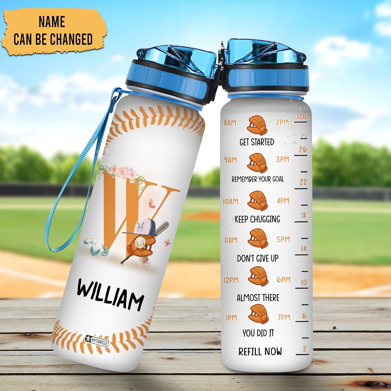 Baseball Floral Pattern - Personalized Water Tracker Bottle 32oz