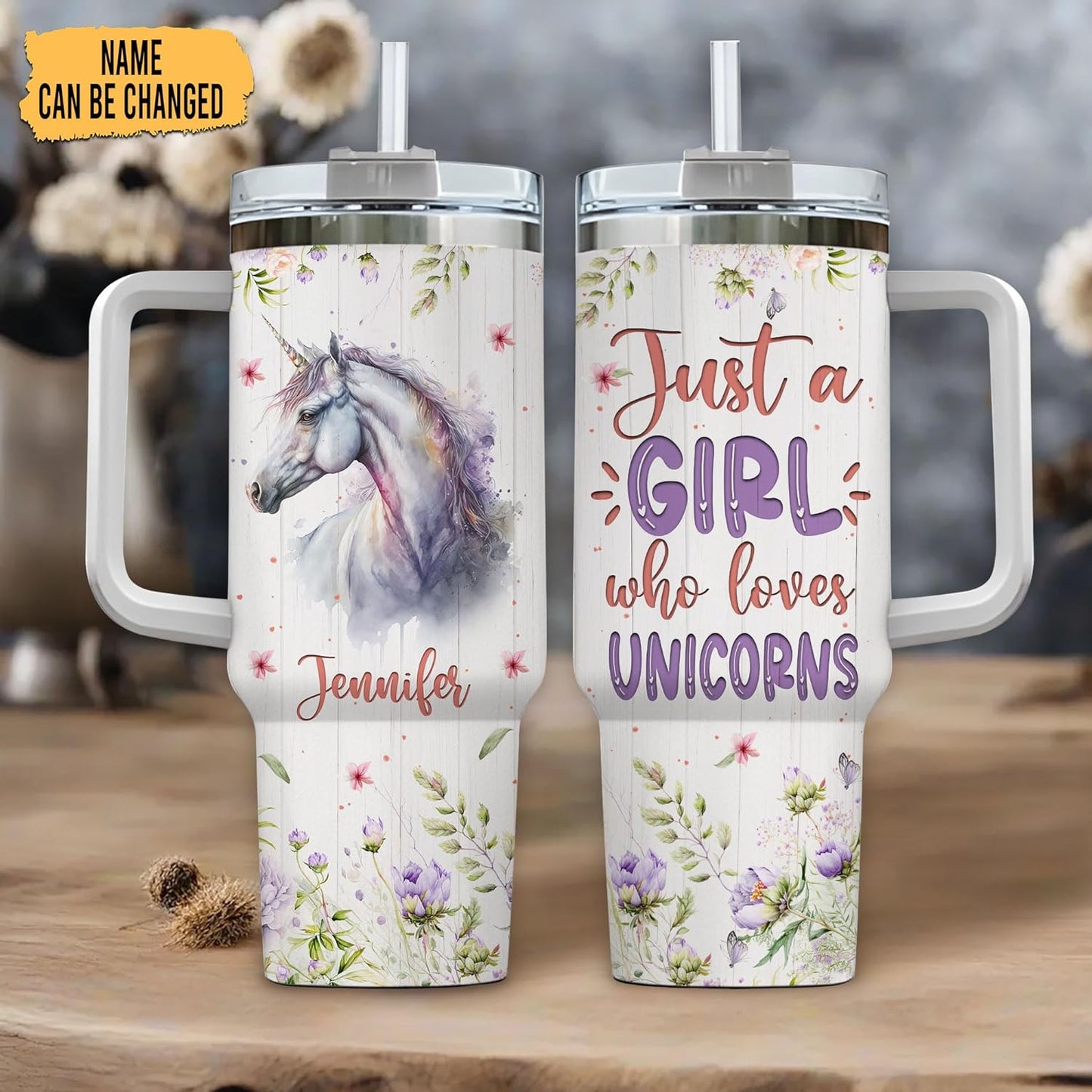 Magical Unicorn Tumbler 40oz with Handle & Straw – Personalized Stainless Steel Insulated Cup with Lid – Whimsical Gift for Fantasy Lovers