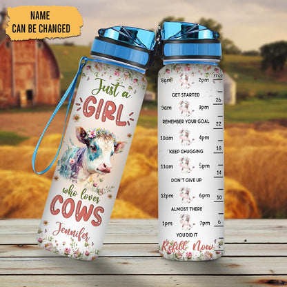 Cow Lovers Water Bottle Tracker 32oz – Personalized Motivational Bottle with Time Marker – Sweet Gift for Animal Enthusiasts