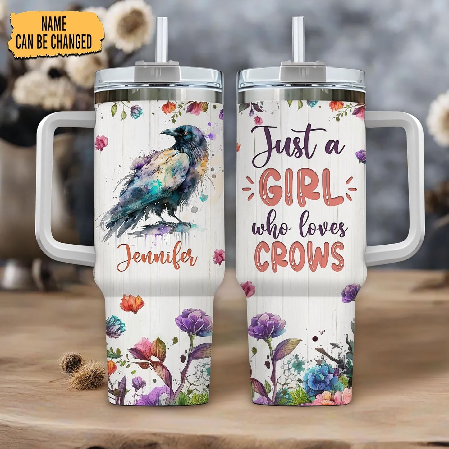 Crow Lover Tumbler 40oz with Handle & Straw – Personalized Stainless Steel Insulated Cup with Lid – Gothic Stylish Gift for Bird Lovers