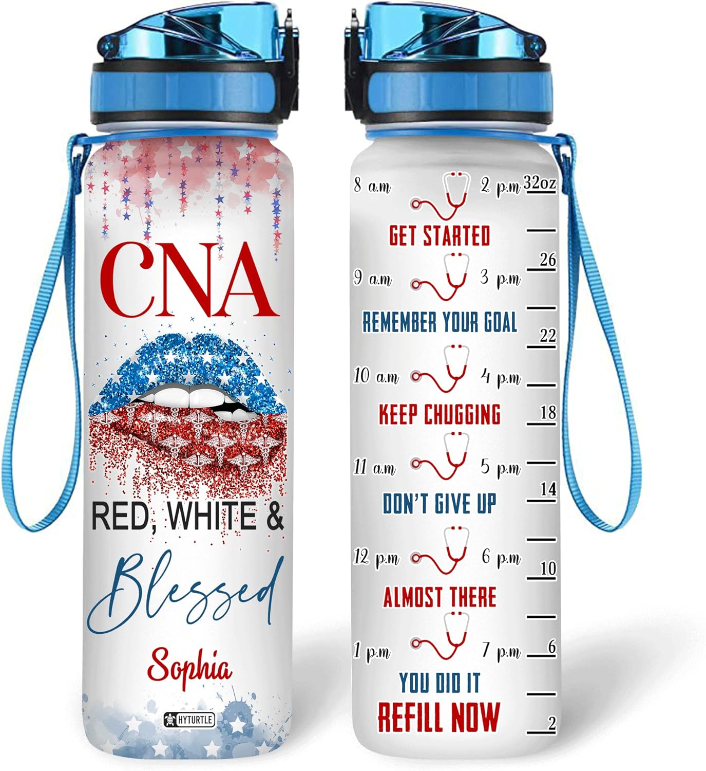 CNA Red,White & Blessed - Personalized Water Tracker Bottle 32oz