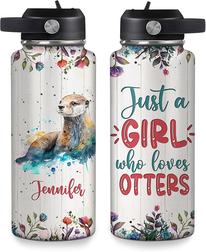 Watercolor Otter Water Bottle 32oz – Personalized Stainless Steel Insulated Bottle with Leak-Proof Lid – Cute Gift for Otter Lovers