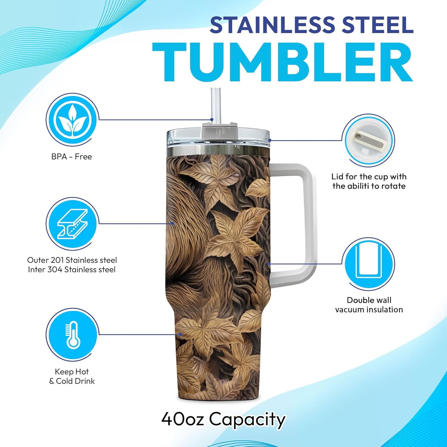 Sloth Tumbler 40oz with Handle & Straw – Personalized Stainless Steel Insulated Travel Cup with Lid – Relaxing Gift for Animal Lovers & Women