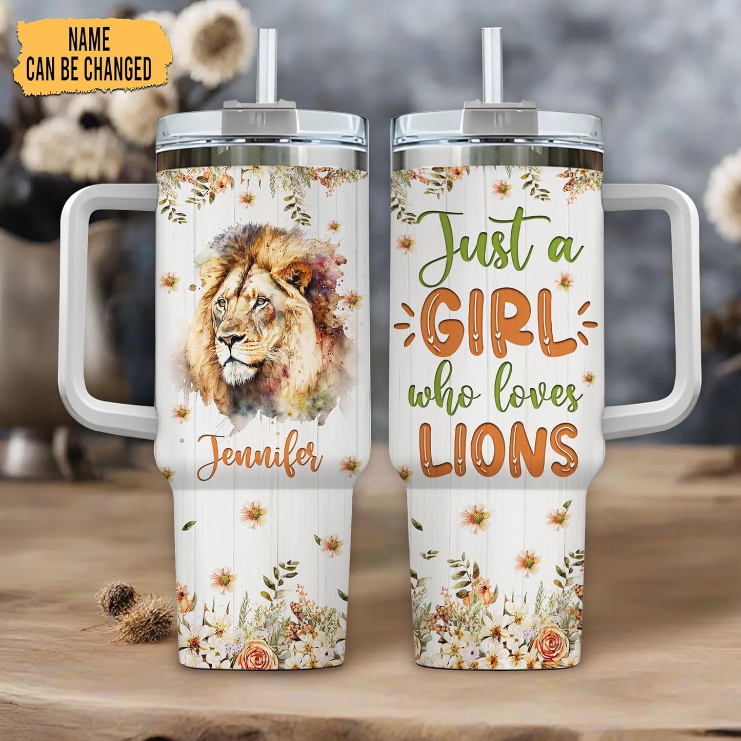 Lion Lover Tumbler 40oz with Handle & Straw – Personalized Stainless Steel Insulated Cup with Lid – Powerful Gift for Animal Lovers