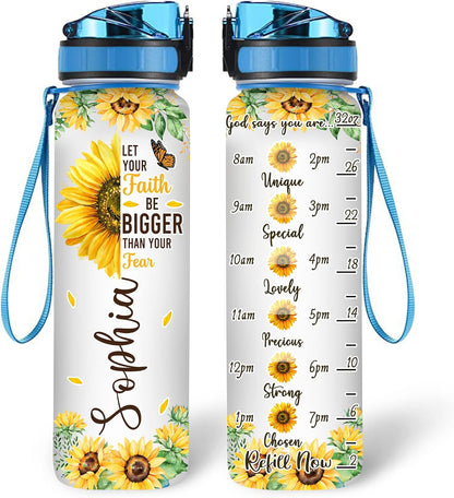 Sunflower Faith Water Bottle Tracker 32oz – Personalized Motivational Bottle with Time Marker – Inspirational Gift for Women