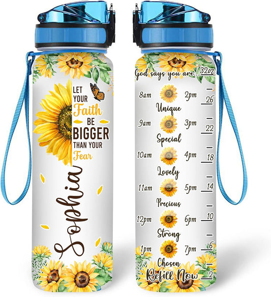 Sunflower Faith Water Bottle Tracker 32oz – Personalized Motivational Bottle with Time Marker – Inspirational Gift for Women