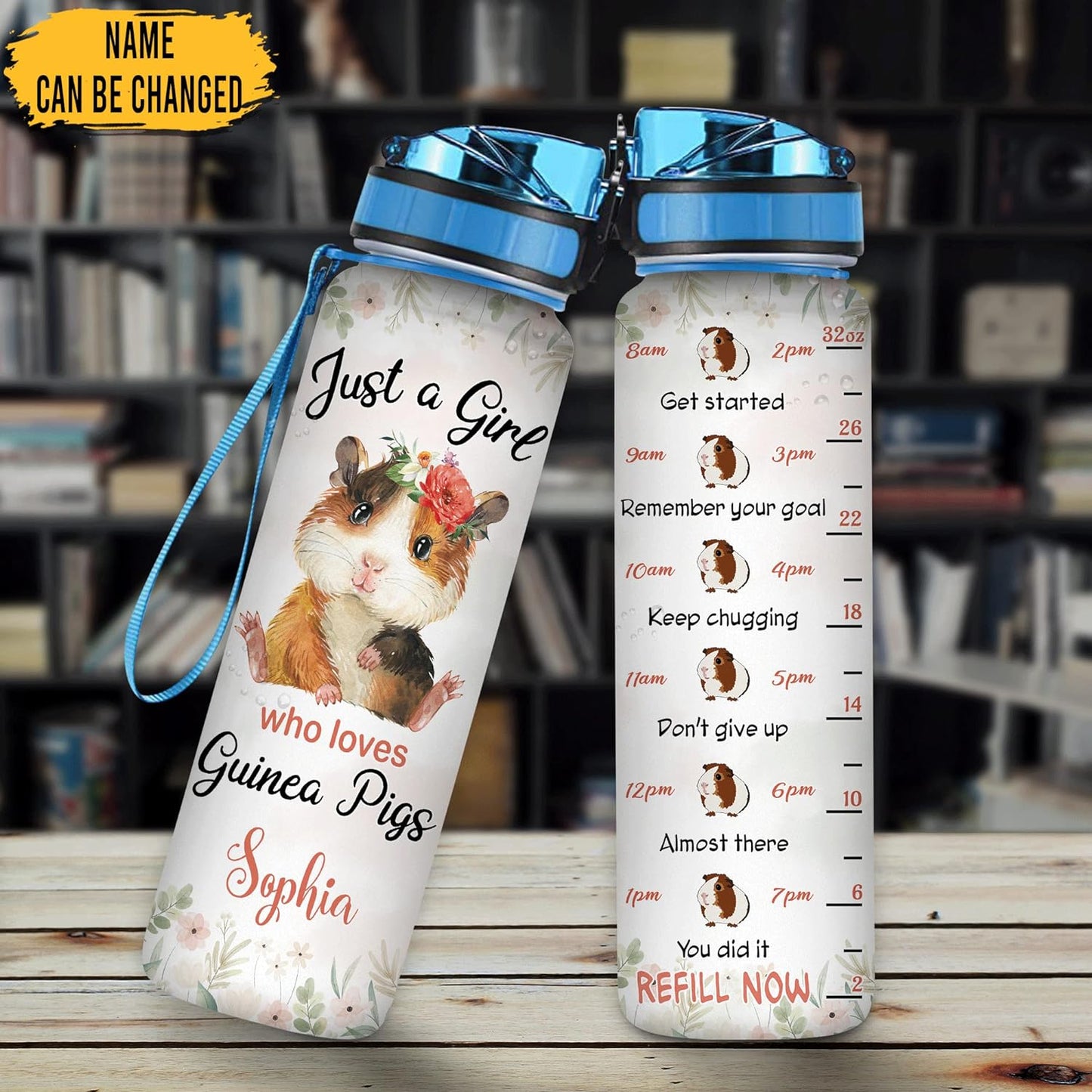 Guinea Pig Lovers Water Bottle Tracker 32oz – Personalized BPA-Free Motivational Bottle with Time Marker – Cute Gift for Guinea Pig Fans