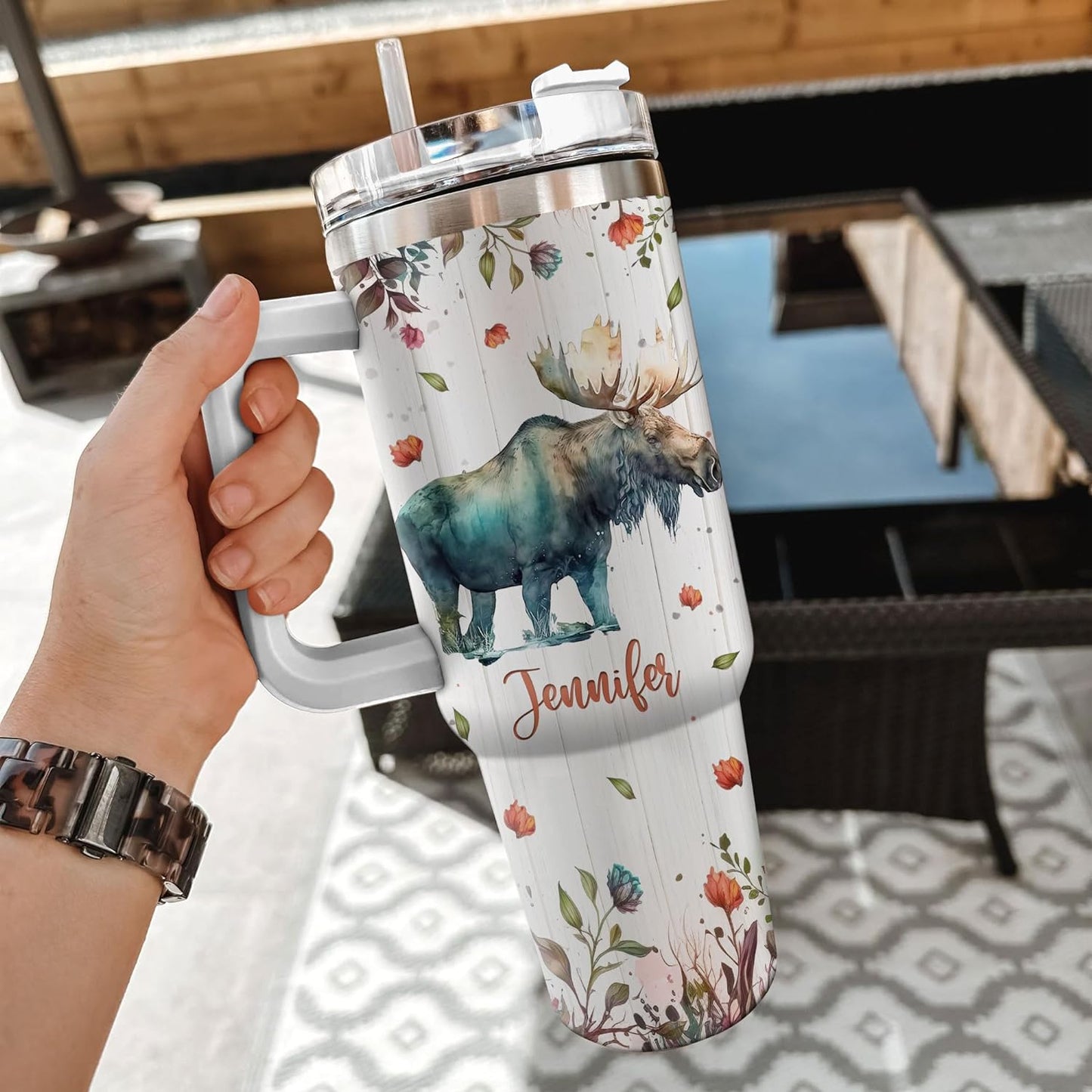 Moose Forest Tumbler 40oz – Personalized Stainless Steel Insulated Cup with Handle & Straw – Stylish Gift for Moose Lovers