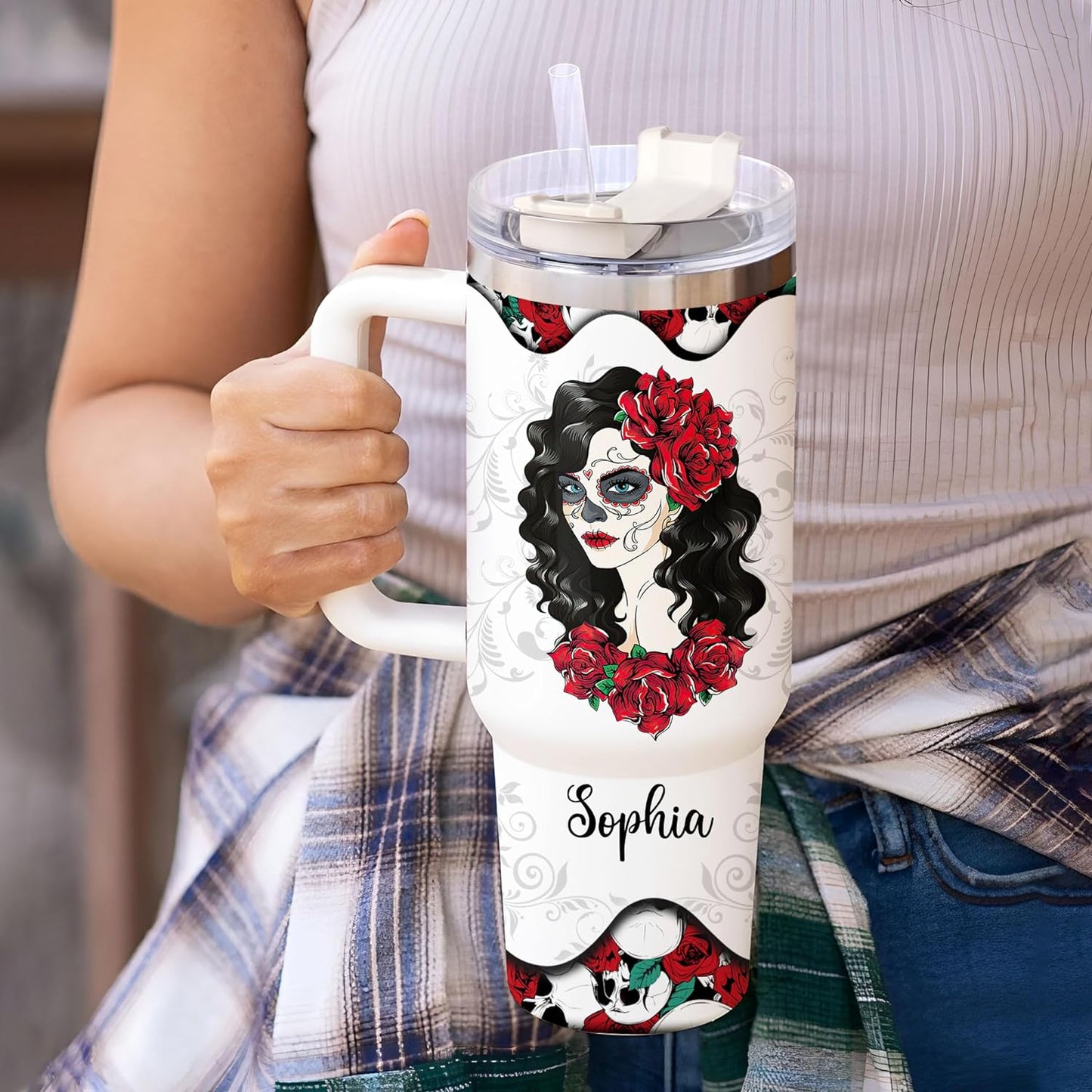 Sugar Skull Rose Tumbler 40oz with Handle & Straw – Personalized Stainless Steel Insulated Cup with Lid – Gothic Gift for Skull Lovers