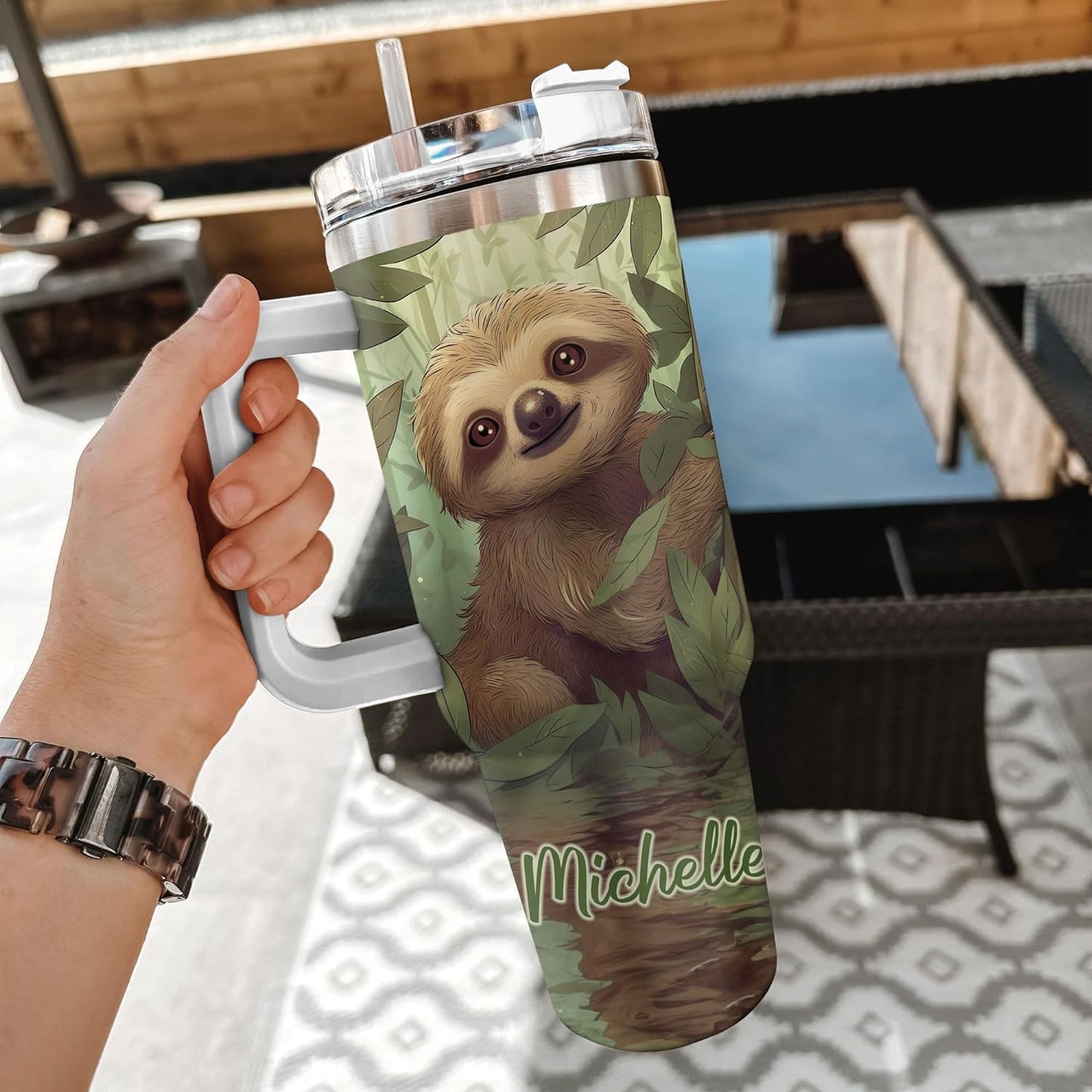 Sloth Jungle Theme Tumbler 40oz with Handle & Straw – Personalized Stainless Steel Insulated Cup with Lid – Fun Gift for Sloth Lovers