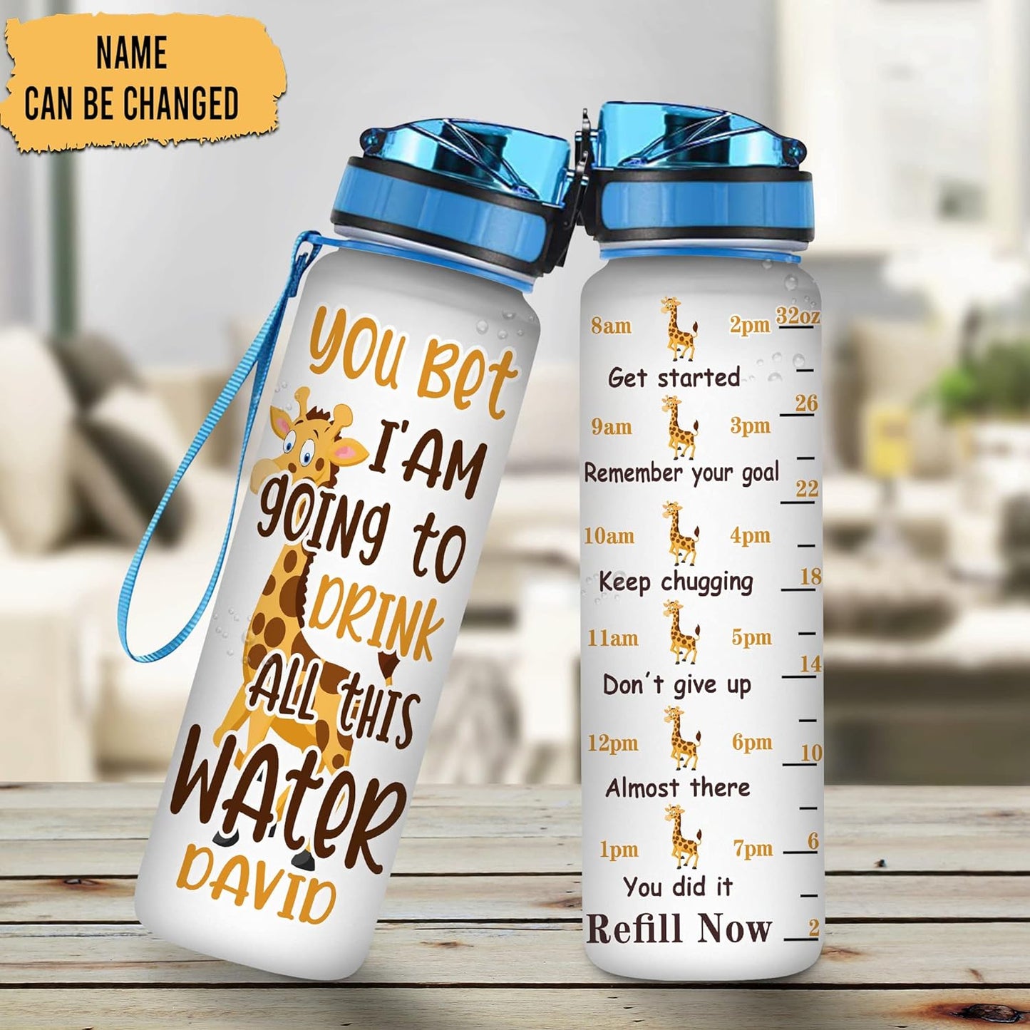 Funny Giraffe Water Bottle Tracker 32oz – Personalized Motivational Hydration Bottle with Time Marker – Gift for Giraffe Lovers