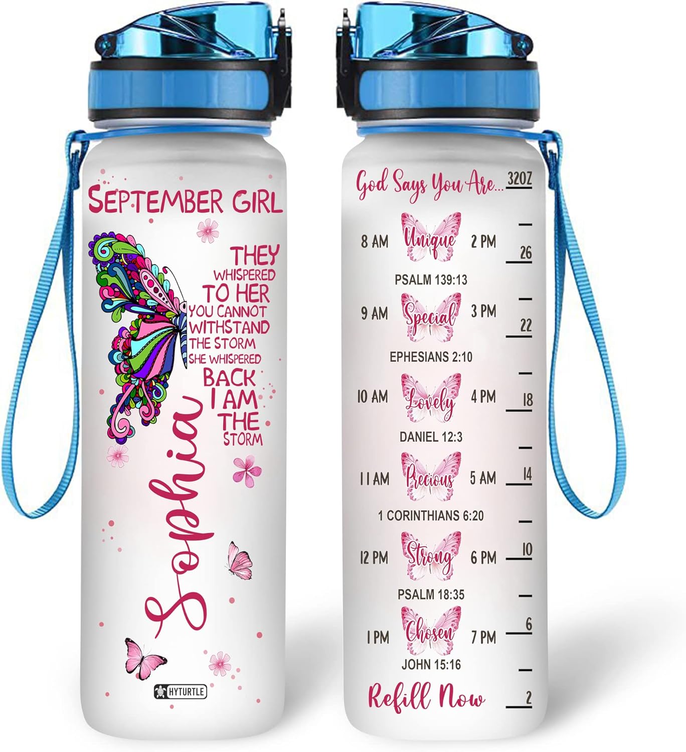 Butterfly September Girl Water Bottle Tracker 32oz – Personalized Hydration Bottle with Time Marker – Inspirational Gift for Her