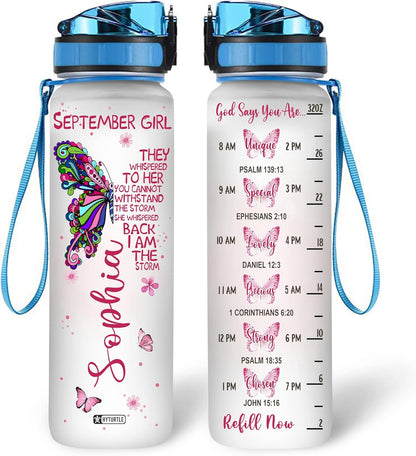 Butterfly September Girl Water Bottle Tracker 32oz – Personalized Hydration Bottle with Time Marker – Inspirational Gift for Her